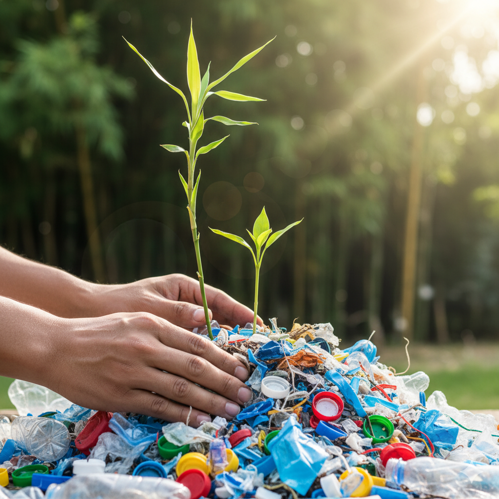 A symbolic image showing hands planting bamboo or a green sprout growing from plastic waste