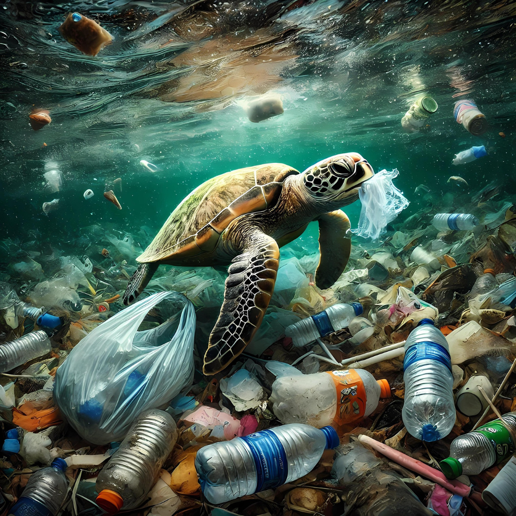 a turtle surrounded by plastic